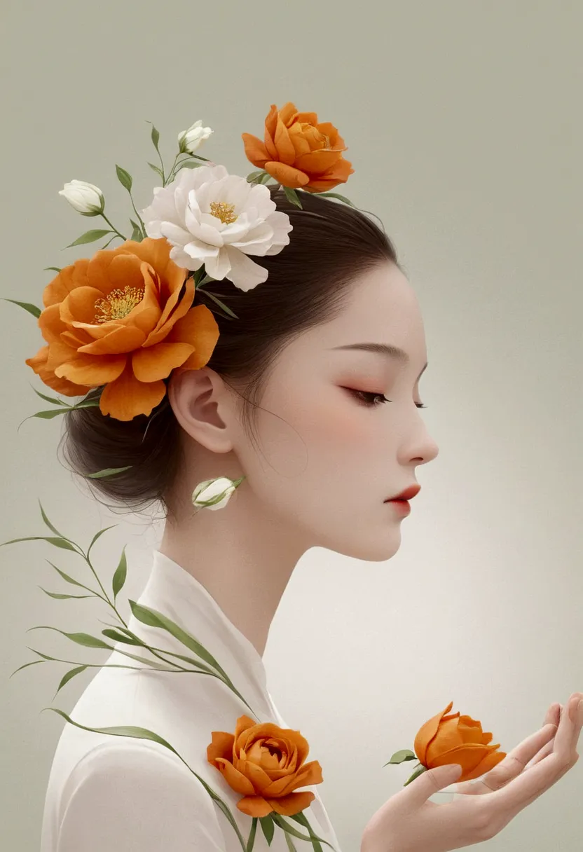 victor age&#39;s style, beautiful details，simple，modern，advanced，cute color blocking，flower，orange，white，grid，line，illustration，...