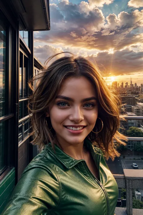 1 girl, green eyes, selfie, wind, messy hair, sunset, cityscape, (aesthetics and atmosphere:1.2),smiling