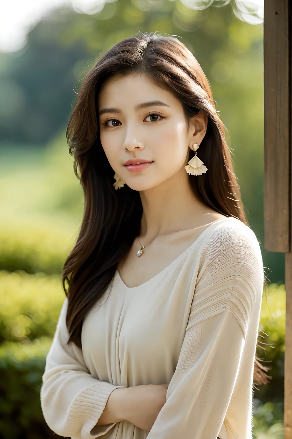 A close-up portrait of a woman with long, dark hair, styled elegantly. She has subtle, stylish earrings that resemble delicate flowers. The setting features a softly lit background with warm, neutral tones, creating a cozy atmosphere. The walls exhibit a smooth texture, and there is a hint of greenery in the blurred area behind her, adding a natural touch. The color palette includes soft browns, beiges, and muted greys, enhancing the serene feel of the scene. The composition highlights an impressionistic style, focusing on the interplay of light and shadow, evoking a sense of calm and sophistication.