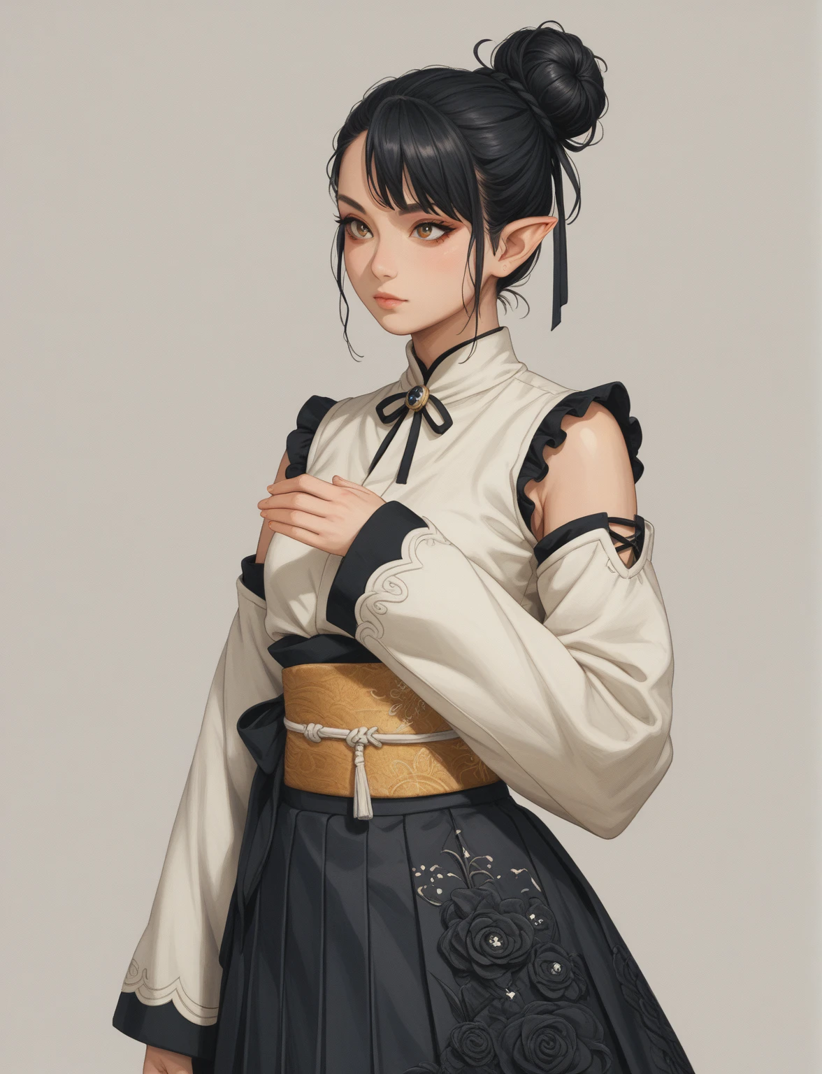 Create a digital illustration of a female character with elf ears with round dots instead of eyebrows. For the hairstyle, she should have black hair styled into a single bun at the back of her head, complemented by asymmetrically chopped bangs that transition into a long lock on one side. Her outfit should match short hakama with detached sleeves and frills under the shorts and the sleeves, in a gothic style, featuring intricate white lace patterns, detailed cutouts, and a white obi with a black seigaiha black pattern. The outfit should include layered skirts and ribbon details to emphasize a similar aesthetic. Add a muted background that complements her striking attire and hairstyle.