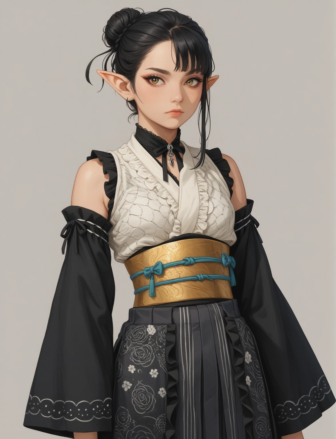 Create a digital illustration of a female character with elf ears with round dots instead of eyebrows. For the hairstyle, she should have black hair styled into a single bun at the back of her head, complemented by asymmetrically chopped bangs that transition into a long lock on one side. Her outfit should match short hakama with detached sleeves and frills under the shorts and the sleeves, in a gothic style, featuring intricate white lace patterns, detailed cutouts, and a white obi with a black seigaiha black pattern. The outfit should include layered skirts and ribbon details to emphasize a similar aesthetic. Add a muted background that complements her striking attire and hairstyle.