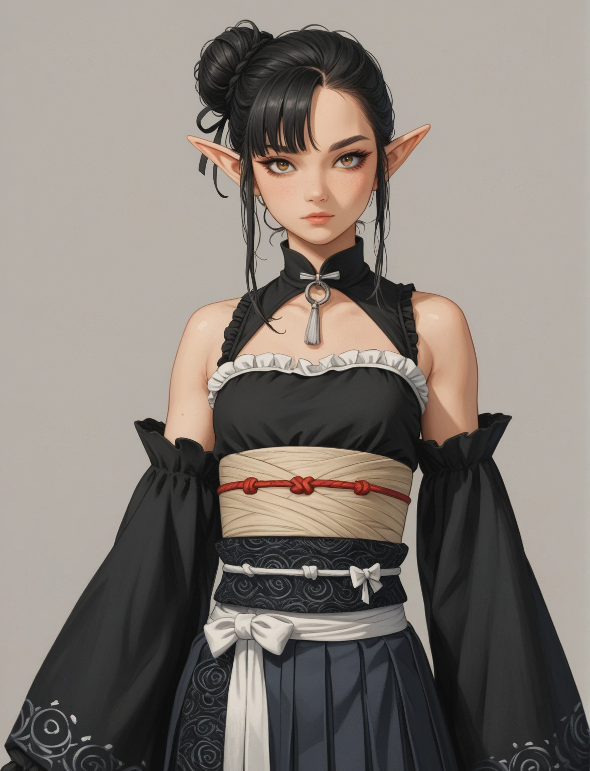 Create a digital illustration of a female character with elf ears with round dots instead of eyebrows. For the hairstyle, she should have black hair styled into a single bun at the back of her head, complemented by asymmetrically chopped bangs that transition into a long lock on one side. Her outfit should match short hakama with detached sleeves and frills under the shorts and the sleeves, in a gothic style, featuring intricate white lace patterns, detailed cutouts, and a white obi with a black seigaiha black pattern. The outfit should include layered skirts and ribbon details to emphasize a similar aesthetic. Add a muted background that complements her striking attire and hairstyle.