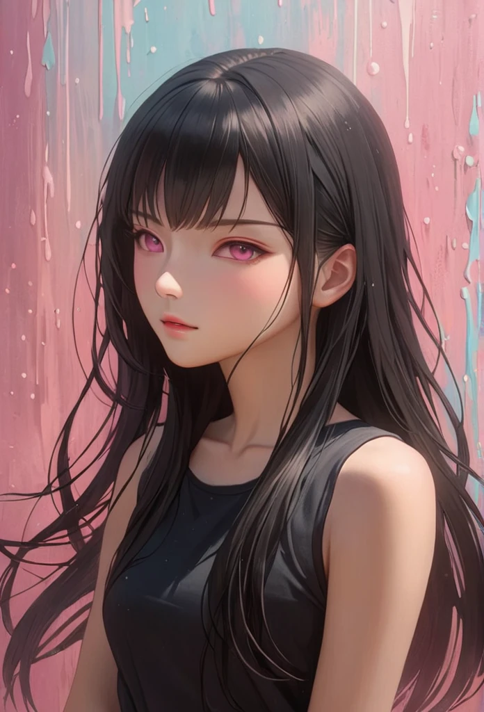 ((Nezuko Komado)), ((long black straight hair)), ((pink eyes)), paint splattered background, paint swirls, big , anime, masterpiece, fine details, breathtaking artwork, painterly art style, high quality, 8k, very detailed, high resolution, exquisite composition and lighting, pretty anime character, adorable, very detailed, absolute masterpiece, sharp, realistic light, pastel, ((highlight)), (soft), (pretty), realistic background, realistic background light, ray-tracing, background, beautiful, (8k), realistic light, realistic light effect, (((portrait))), 