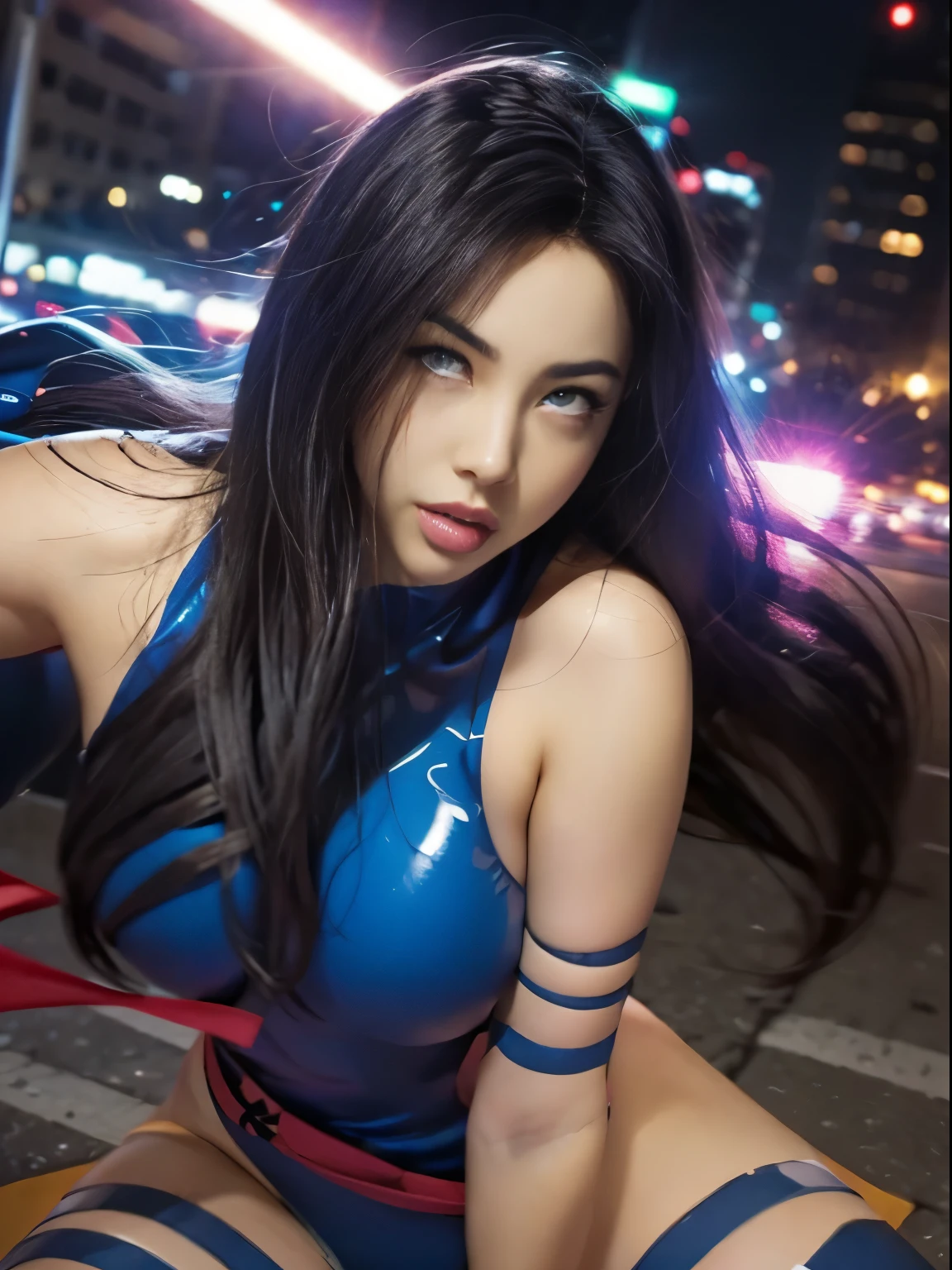 ((SUPERHEROINE PSYLOCKE )) , ((She has long hair)), (She is wearing her uniform), (masterpiece, best quality) 1girl, Alone, (sexy, Pretty woman, Perfect face, perfect eyes), image of 1/2 body , (PSYLOCKE, ahegao, rolling eyes), dynamic pose, superhero battle pose. . ((((action)))), ((movement)), (((motion))), ((dynamic)), background, a city in the night, city lights, blur background.
