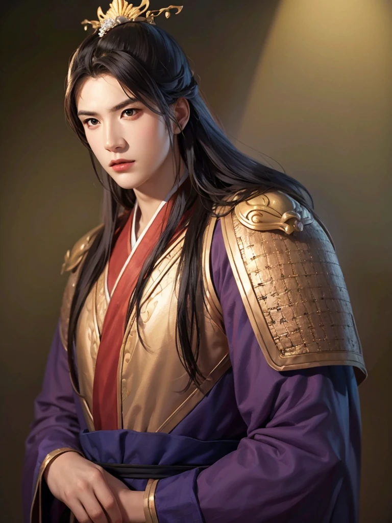 1 man in Han dynasty armor、There are exquisite patterns on the armor of the Han Dynasty、Beautiful boy、、whole body娇嫩的身体, Exquisite eyes、Long hair,、Hair accessories、Eternal,、whole body、Three Kingdoms、， Solid background, Smoky environment, Adds a touch of mystery and drama to the scene. Soft and even lighting, Cast soft shadows, Create an atmosphere of seriousness and focus.