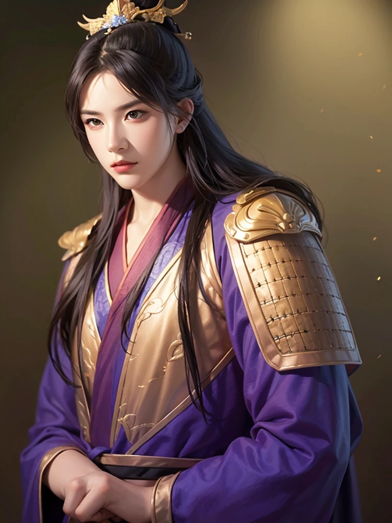 1 man in Han dynasty armor、There are exquisite patterns on the armor of the Han Dynasty、Beautiful boy、、whole body娇嫩的身体, Exquisite eyes、Long hair,、Hair accessories、Eternal,、whole body、Three Kingdoms、， Solid background, Smoky environment, Adds a touch of mystery and drama to the scene. Soft and even lighting, Cast soft shadows, Create an atmosphere of seriousness and focus.