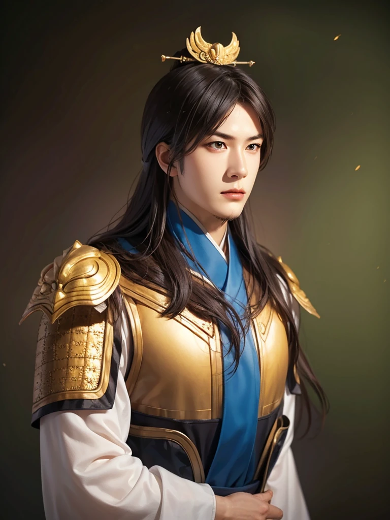 1 man in Han dynasty armor、There are exquisite patterns on the armor of the Han Dynasty、Beautiful boy、、whole body娇嫩的身体, Exquisite eyes、Long hair,、Hair accessories、Eternal,、whole body、Three Kingdoms、， Solid background, Smoky environment, Adds a touch of mystery and drama to the scene. Soft and even lighting, Cast soft shadows, Create an atmosphere of seriousness and focus.