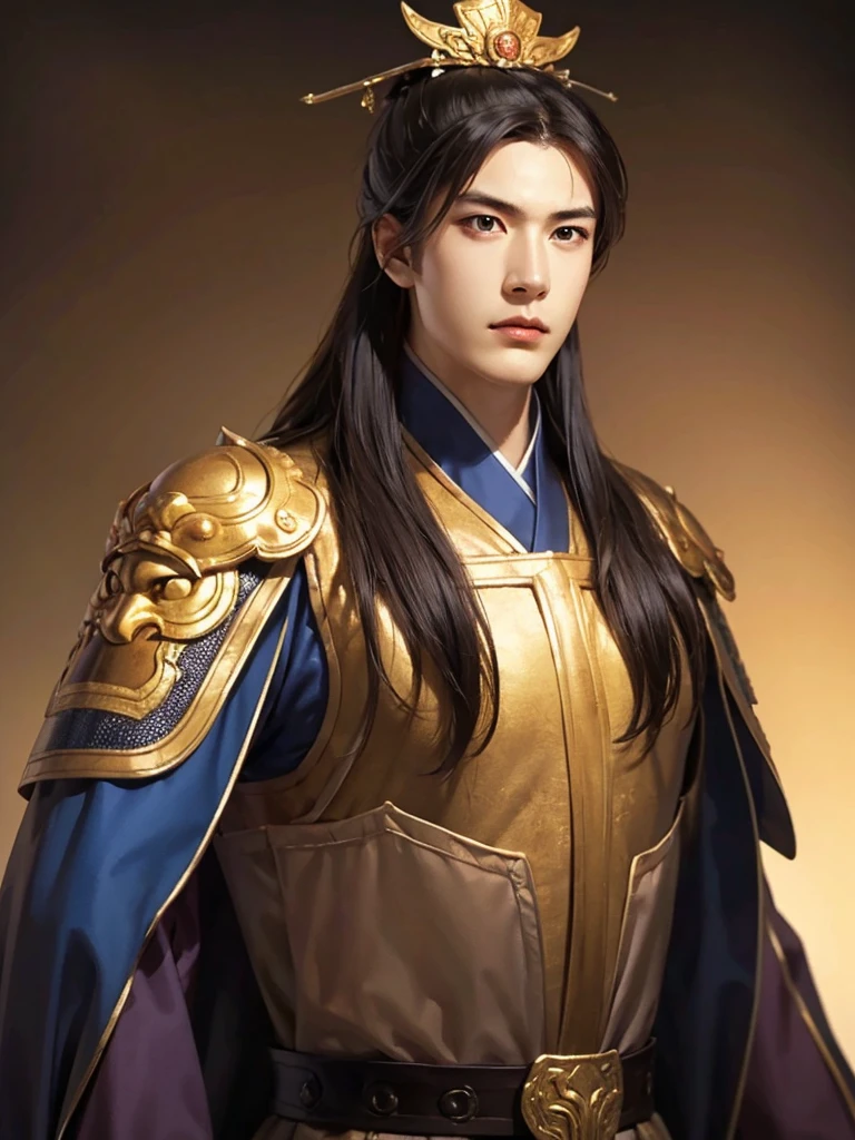 1 man in Han dynasty armor、There are exquisite patterns on the armor of the Han Dynasty、Beautiful boy、、whole body娇嫩的身体, Exquisite eyes、Long hair,、Hair accessories、Eternal,、whole body、Three Kingdoms、， Solid background, Smoky environment, Adds a touch of mystery and drama to the scene. Soft and even lighting, Cast soft shadows, Create an atmosphere of seriousness and focus.