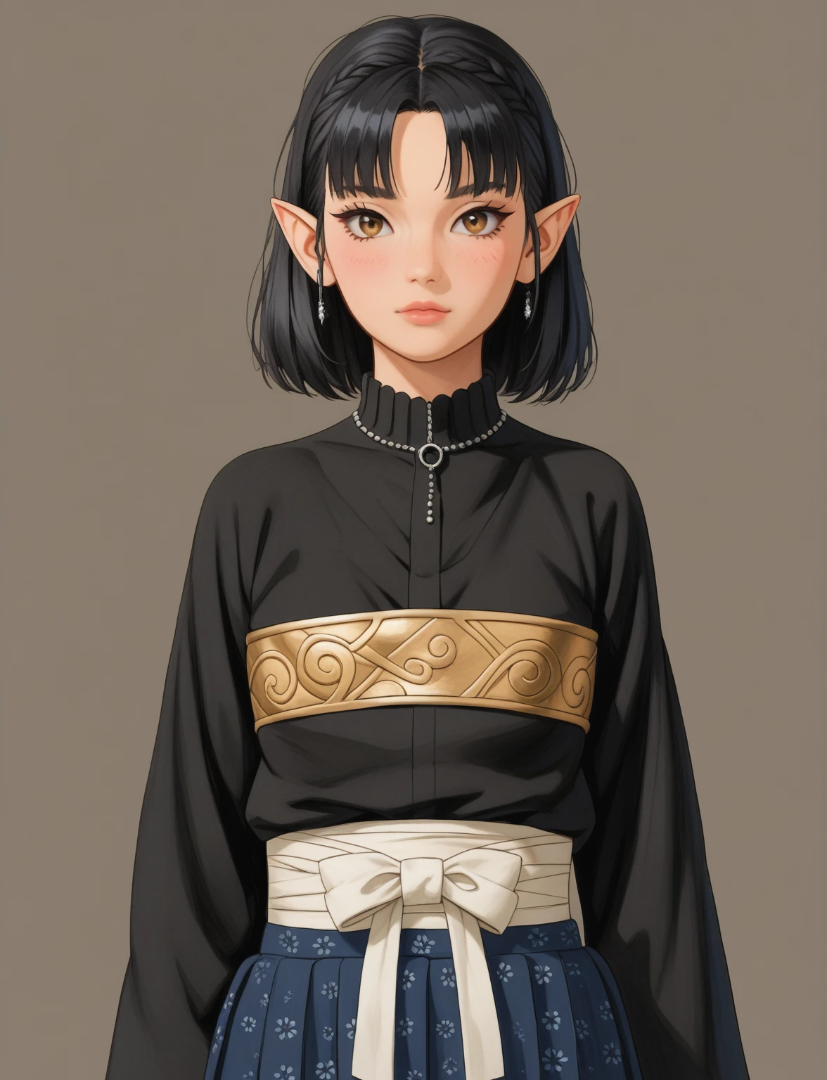 Create a digital illustration of a female character with elf ears with round dots instead of eyebrows. For the hairstyle, she should have black hair styled into a single bun at the back of her head, complemented by asymmetrically chopped bangs that transition into a long lock on one side. Her outfit should match short hakama with detached sleeves and frills under the shorts and the sleeves, in a gothic style, featuring intricate white lace patterns, detailed cutouts, and a white obi with a black seigaiha black pattern. The outfit should include layered skirts and ribbon details to emphasize a similar aesthetic. Add a muted background that complements her striking attire and hairstyle.