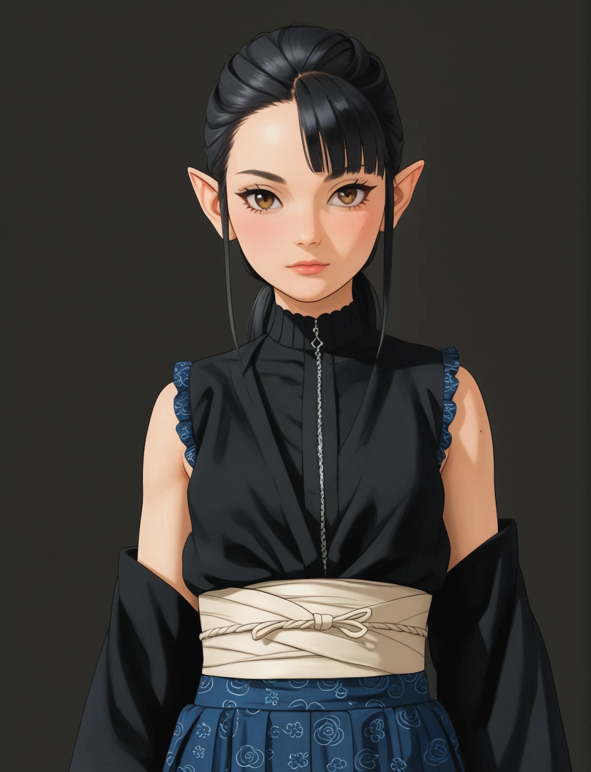 Create a digital illustration of a female character with elf ears with round dots instead of eyebrows. For the hairstyle, she should have black hair styled into a single bun at the back of her head, complemented by asymmetrically chopped bangs that transition into a long lock on one side. Her outfit should match short hakama with detached sleeves and frills under the shorts and the sleeves, in a gothic style, featuring intricate white lace patterns, detailed cutouts, and a white obi with a black seigaiha black pattern. The outfit should include layered skirts and ribbon details to emphasize a similar aesthetic. Add a muted background that complements her striking attire and hairstyle.