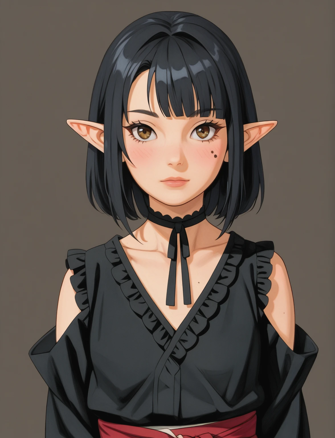 Create a digital illustration of a female character with elf ears with round dots instead of eyebrows. For the hairstyle, she should have black hair styled into a single bun at the back of her head, complemented by asymmetrically chopped bangs that transition into a long lock on one side. Her outfit should match short hakama with detached sleeves and frills under the shorts and the sleeves, in a gothic style, featuring intricate white lace patterns, detailed cutouts, and a white obi with a black seigaiha black pattern. The outfit should include layered skirts and ribbon details to emphasize a similar aesthetic. Add a muted background that complements her striking attire and hairstyle.