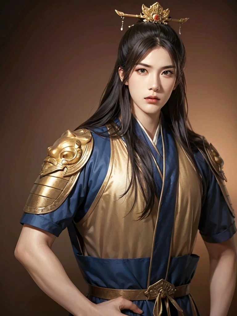 1 man in Han dynasty armor、There are exquisite patterns on the armor of the Han Dynasty、Beautiful boy、、whole body娇嫩的身体, Exquisite eyes、Long hair,、Hair accessories、Eternal,、whole body、Three Kingdoms、， Solid background, Smoky environment, Adds a touch of mystery and drama to the scene. Soft and even lighting, Cast soft shadows, Create an atmosphere of seriousness and focus.