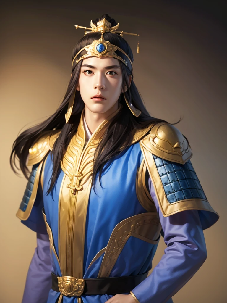 1 man in Han dynasty armor、There are exquisite patterns on the armor of the Han Dynasty、Beautiful boy、、whole body娇嫩的身体, Exquisite eyes、Long hair,、Hair accessories、Eternal,、whole body、Three Kingdoms、， Solid background, Smoky environment, Adds a touch of mystery and drama to the scene. Soft and even lighting, Cast soft shadows, Create an atmosphere of seriousness and focus.