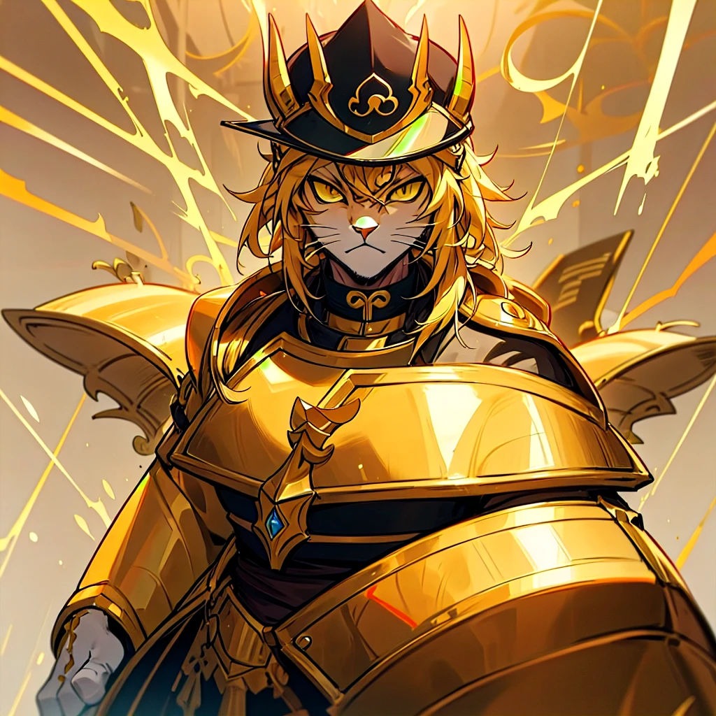 a close up of a cat wearing a hat and a jacket, wearing golden cat armor, the golden cat armor knight, masamune shiro, gilgamesh, anthropomorphic lynx, casimir art, dio brando, masamune, armored cat, portrait of dragoon, tabaxi male, tabaxi, furio tedesschi