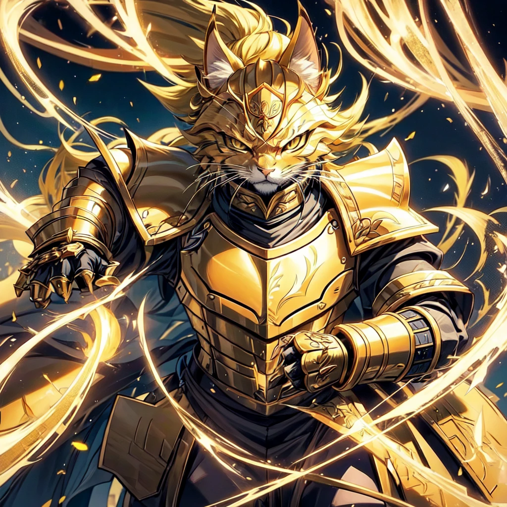 a close up of a cat wearing a hat and a jacket, wearing golden cat armor, the golden cat armor knight, masamune shiro, gilgamesh, anthropomorphic lynx, casimir art, dio brando, masamune, armored cat, portrait of dragoon, tabaxi male, tabaxi, furio tedesschi