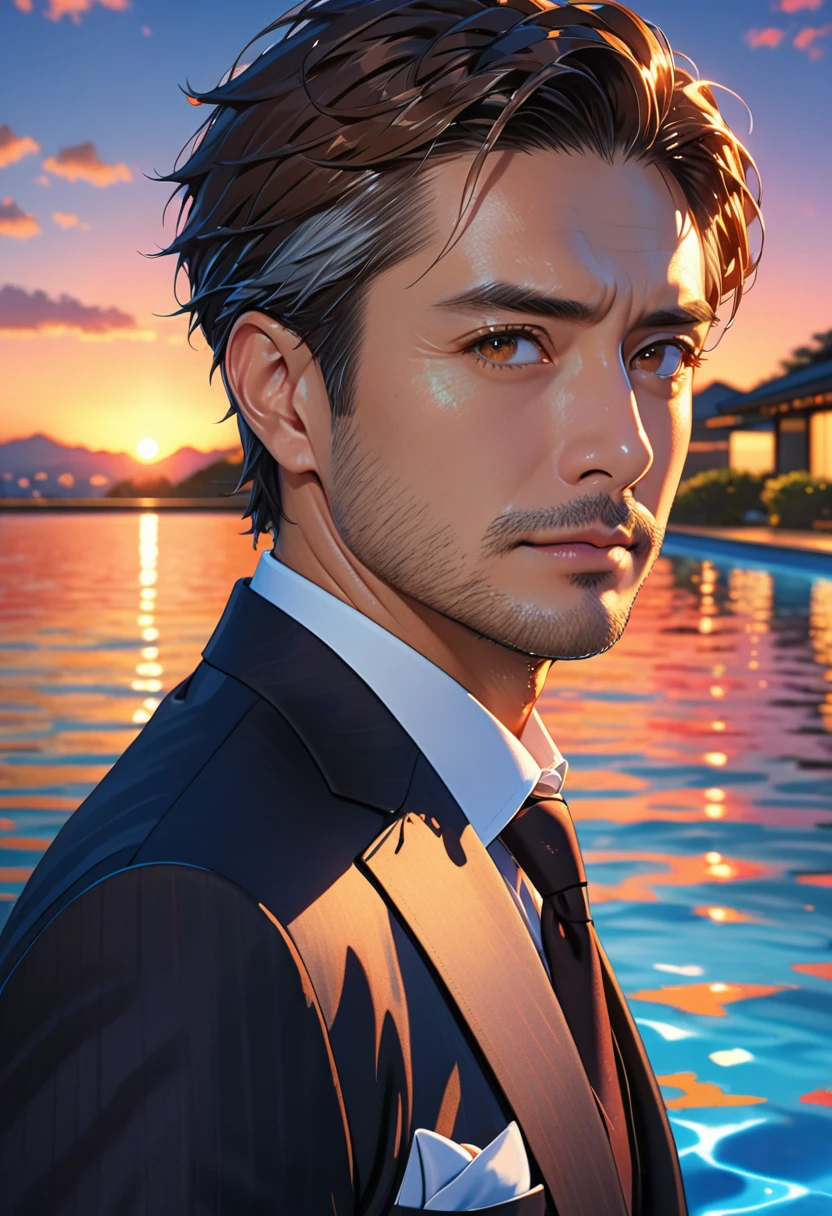 (masterpiece, Best Quality:1.2), One Man、Japanese、(side), Brown eyes, Beautiful Face, beautiful eyes, Nice middle-aged man、Salaryman、suit、Backlight, Night Pool(Shining Water Surface), Vibrant colors, Sunset、8k, Ultra HD、Side Shot、Stubble under the chin