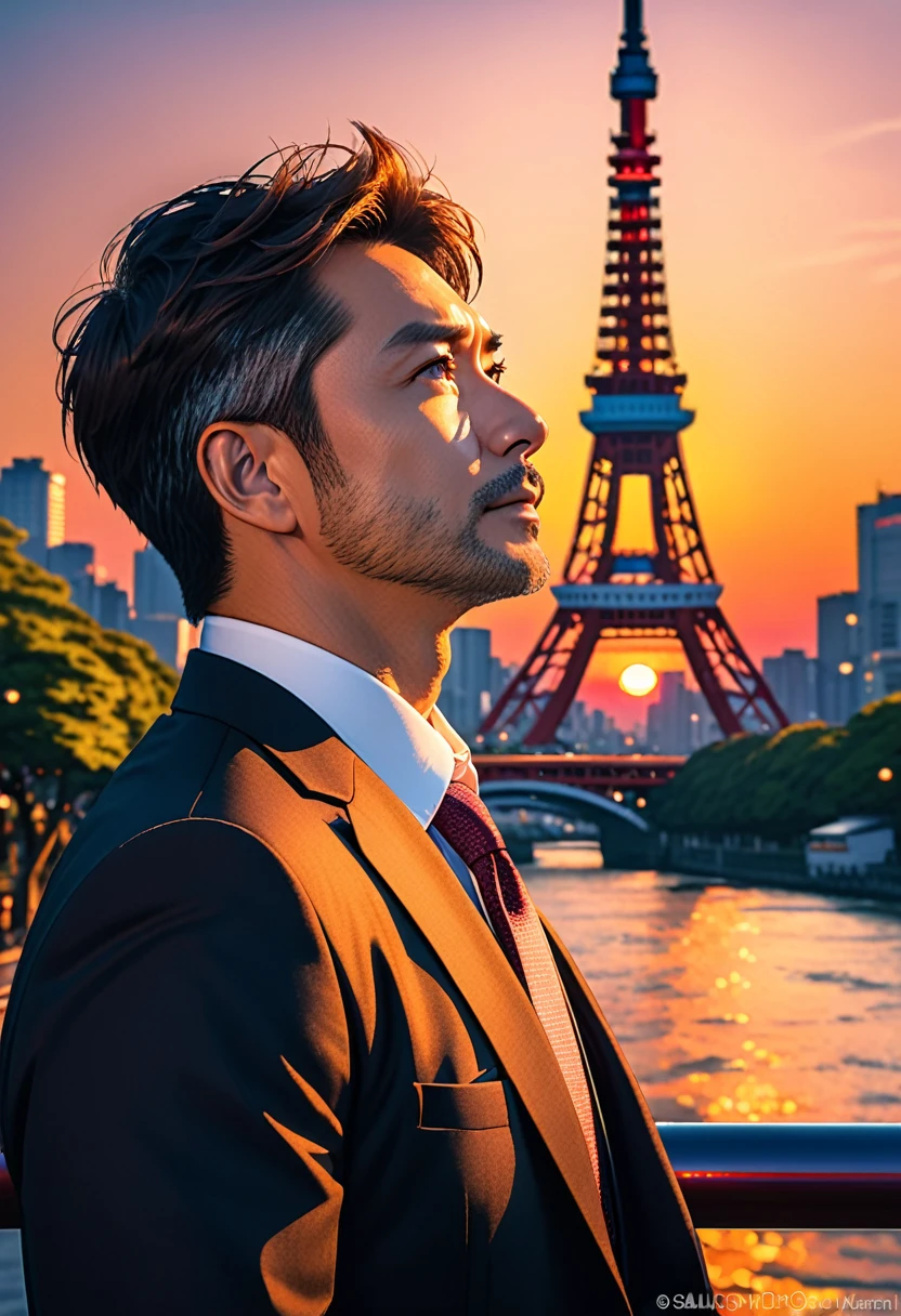 (masterpiece, Best Quality:1.2), One Man、Japanese、Brown eyes, Beautiful Face, Nice middle-aged man、Salaryman、suit、Backlight, Tokyo Tower、Vibrant colors, Sunset、8k, Ultra HD、Side Shot、Stubble under the chin