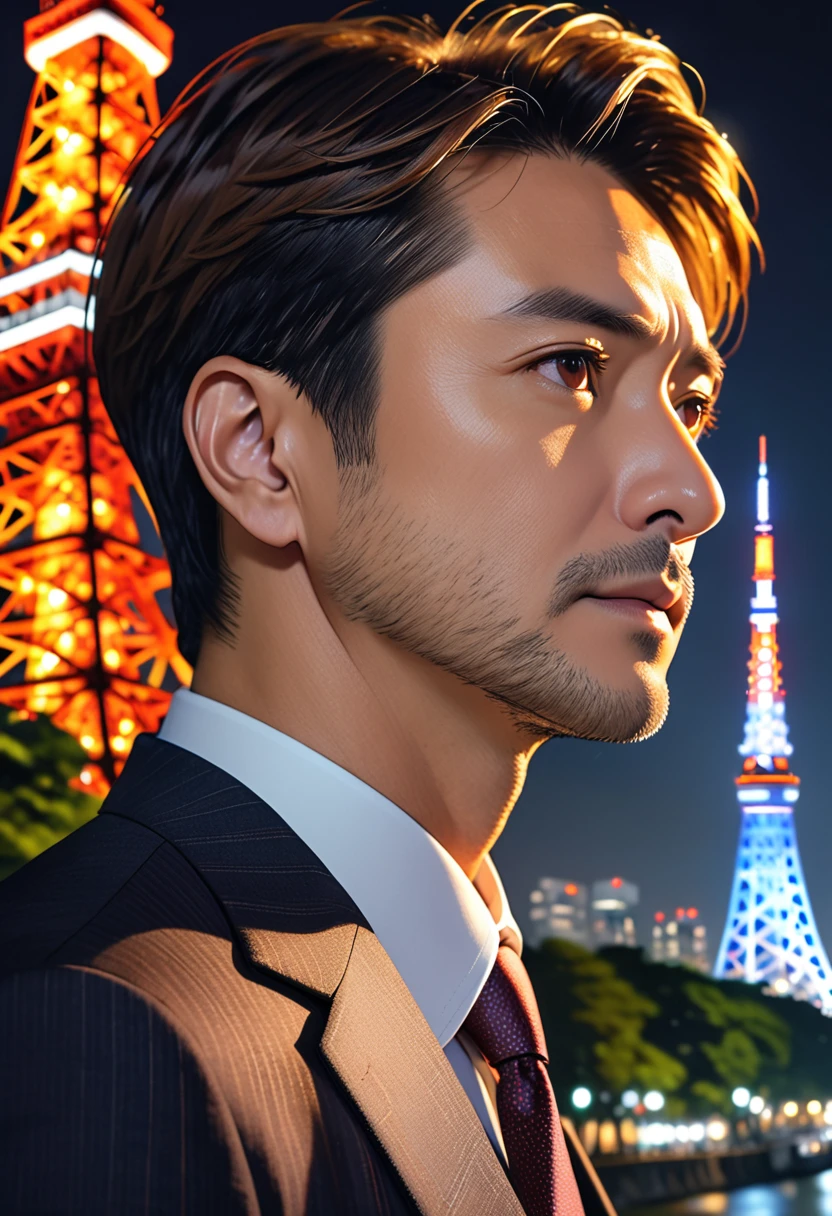 (masterpiece, Best Quality:1.2), One Man、Japanese、Brown eyes, Beautiful Face, Nice middle-aged man、Salaryman、suit、Backlight, Tokyo Tower、Night view、8k, Ultra HD、Side Shot、Stubble under the chin