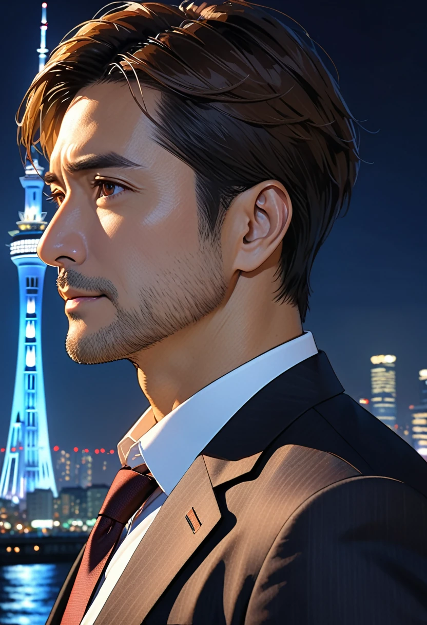 (masterpiece, Best Quality:1.2), One Man、Japanese、Brown eyes, Beautiful Face, Nice middle-aged man、Salaryman、suit、Backlight, Skytree、Night view、8k, Ultra HD、Side Shot、Stubble under the chin