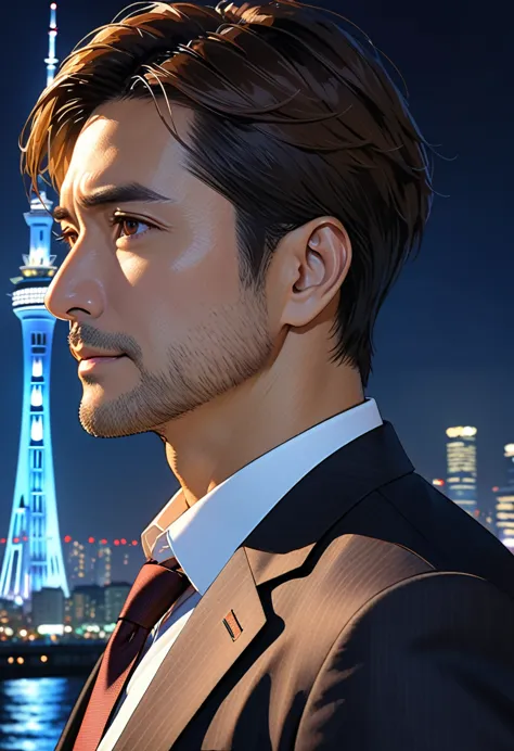 (masterpiece, best quality:1.2), one man、japanese、brown eyes, beautiful face, nice middle-aged man、salaryman、suit、backlight, sky...