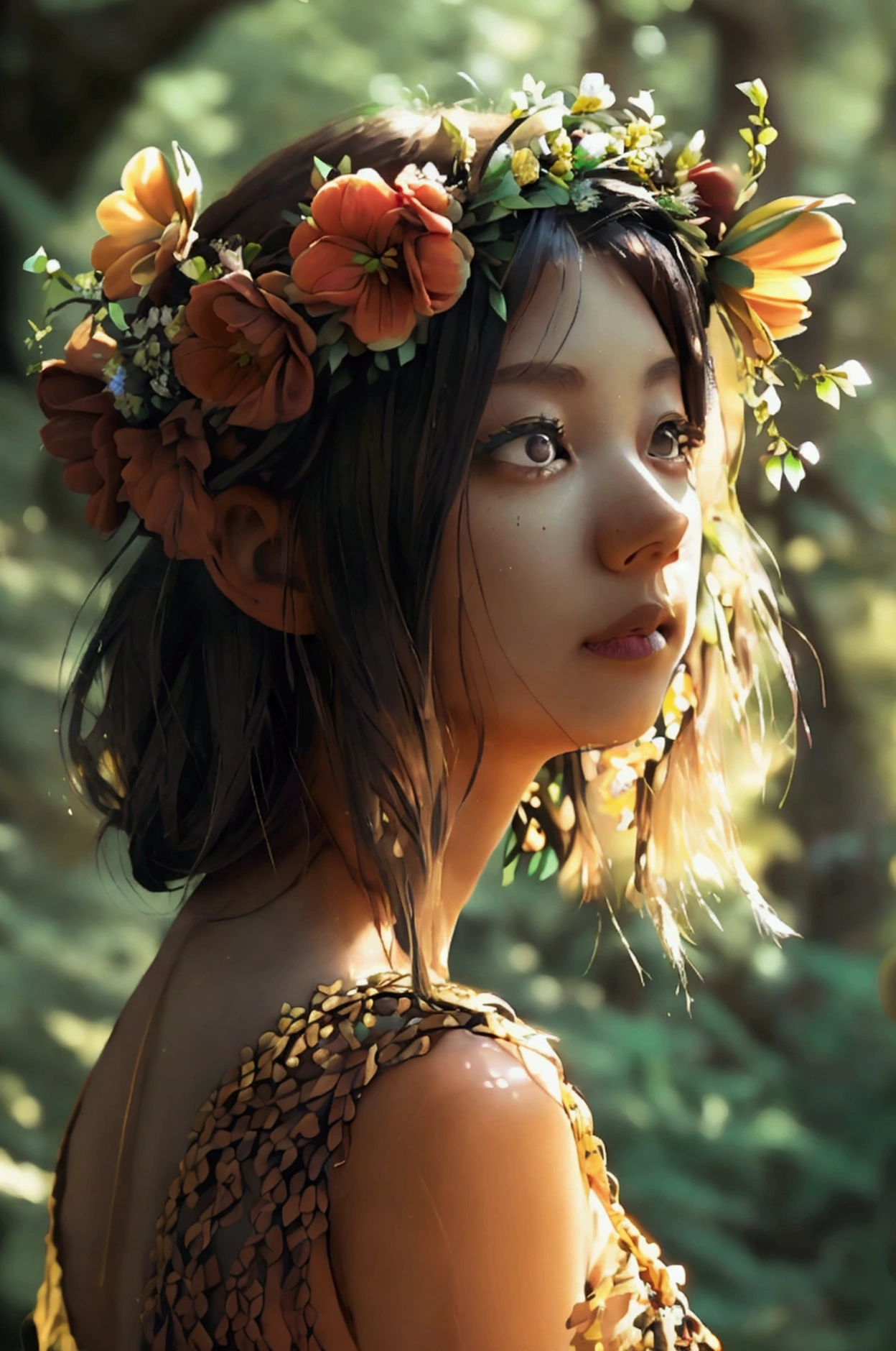 Very detailed, masterpiece, Cinematic Lighting Digital Photography,(In the forest where fairies live),(Flower crown,Japanese,actress,Braided hairstyle,35 talents,Gorgeous tight dress,woman,Bob Hair,masterpiece, complicated, Very detailed,black eye detailed eye: 1.2), High resolution,,Large Breasts,Shiny skin,Innocent personality