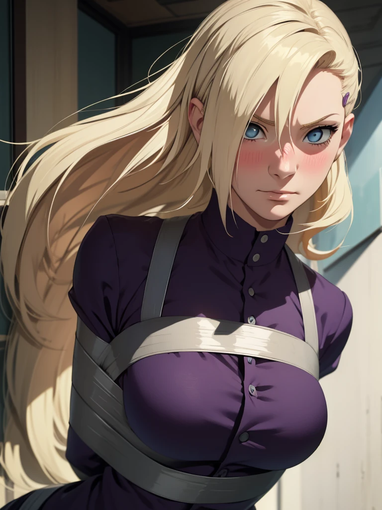 {-erro_de_anatomia:1.0} estilo anime, Masterpiece, absurdities, Yamanaka Ino\(Naruto\), 1girl Solo, woman, Perfect composition, Detailed lips, Beautiful face, body proportion, Blush, Long blonde hair, blue eyes, purple blouse, purple pant, Soft gauze, Super realistic, Detailed, photo shoot, Realistic faces and bodies, masterpiece, best quality, best illustration, hyper detailed, 1 woman, solo, glamorous, blushing, upper body, fighting, on nature, look at the view, dimanic poses,goggles, goggles on head, long hair, choker, bound, bondage, (arms behind back:1.4), bdsm, tape gag, tape, tape bondage, close-up, restrained, best anatomy, half body, tape wrapped, wrap gag, tightly bound, tape wrapped around face, tape above breasts, tape below breasts,