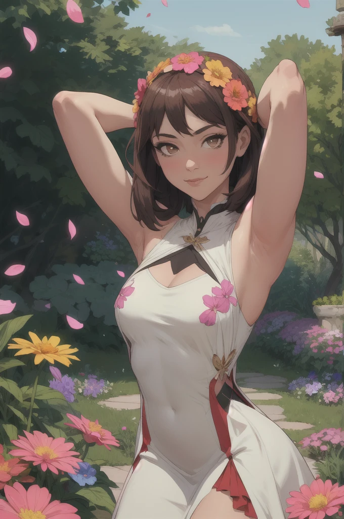 ((Masterpiece, best quality, edgQuality)),arms behind head,edgASA1,(smile:0.5)
edgPetal, a woman wearing a dress made of flower petals ,wearing edgPetal,garden background
