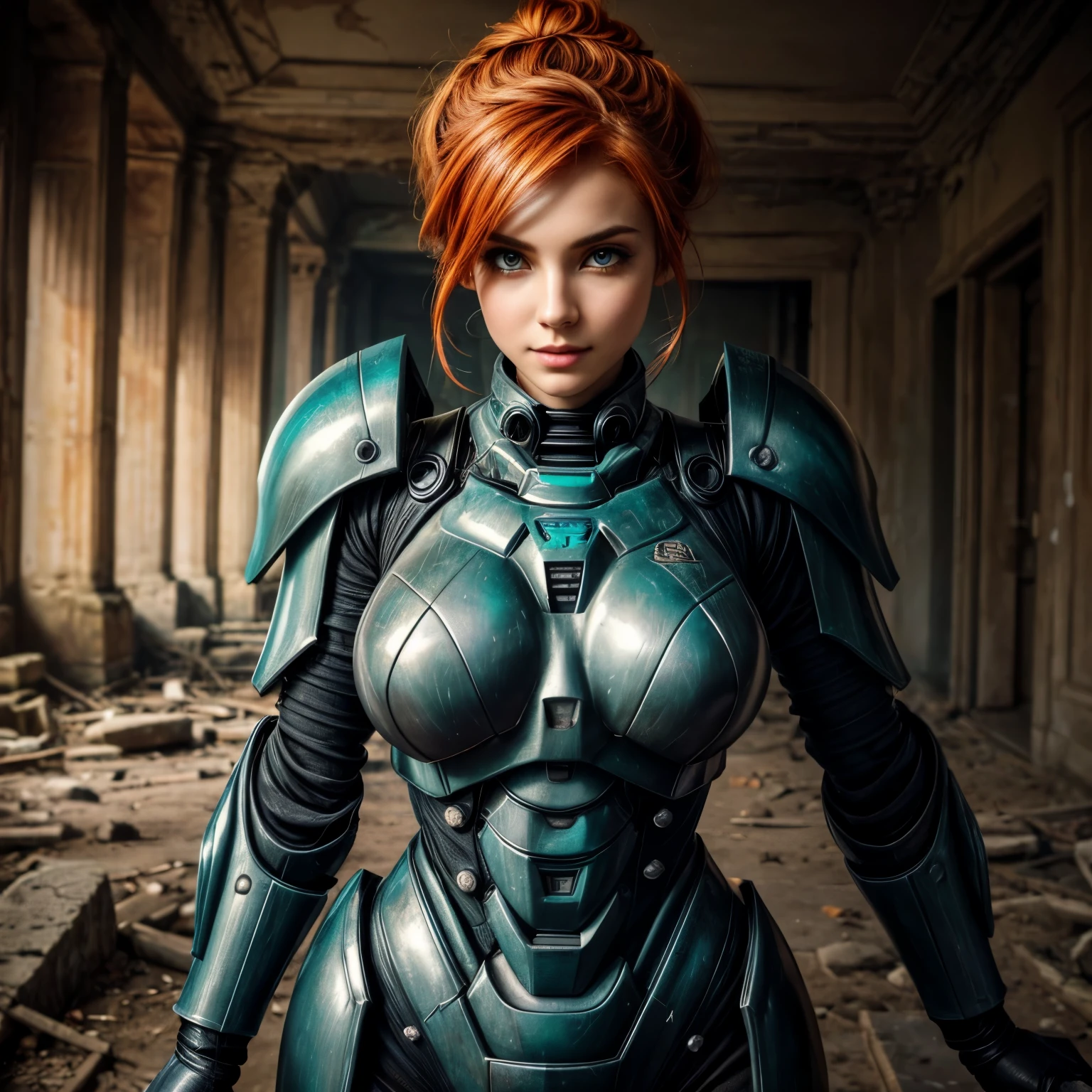 (realistic), (3d:0.3), dramatic lighting, ((masterpiece)),(quality),(high res), tall Lady Voidstar, [[covered abs]], ((x-ray power armor|lined suit|black and yellow power armor) mechanical arms), worn and dirty armor, armor with bumps. orange-red hair tied in two buns on either side of her head, [gorgeous smile], medium breasts, covered navel, eyeliner, eyelashes, perfect face, beautiful nose, detailed pupil, beautiful eyes, detailed eyes, teal eyes, perfect full lips, intricate and detailed background of abandoned ancient ruins, ancient decaying and abandoned battlefield (zet:1),
