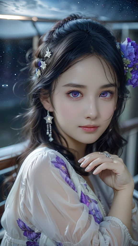 masterpiece, best quality, ultra-detailed, illustration, , , 1girl,solo, image body, flower, looking at viewer, , , purple eyes, jewel-like eyes, extremely detailed eyes, extremely detailed face,, , star (sky), constellation,  purple energy,  railing, meteor