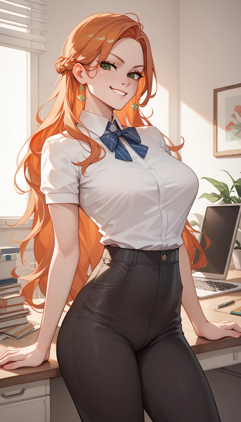 1 attractive woman with long orange hair, green eyes, white smooth skin. Hourglass body figure {{tempting view}}, having a 15 inch dick size under her pants while she's working, wearing a gorgeous suit,[clear face features], smirk 