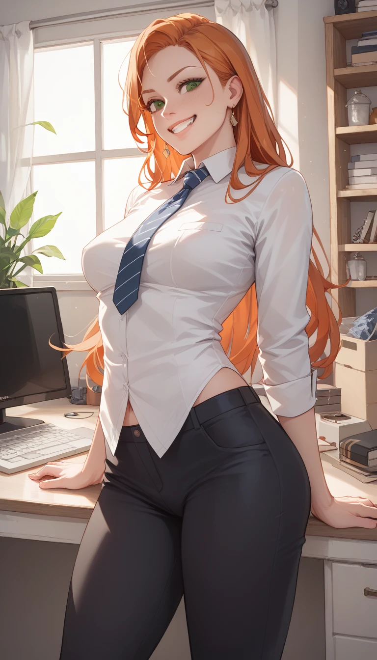 1 attractive woman with long orange hair, green eyes, white smooth skin. Hourglass body figure {{tempting view}}, a hardness 15 inch dick size stand a little bit under her pants while she's working, wearing a gorgeous suit,[clear face features], grin