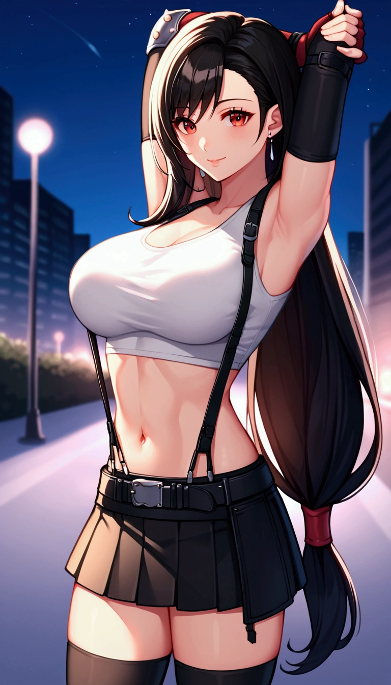 score_9,score_8_up,score_7_up,source_anime, masterpiece, best quality:1.2, (recent), perfect anatomy, very aesthetic,(beautiful).straight-on,soro focus,cowboy shot,arms up:1.2,stretching,Solo,1girl, tifa lockhart, final fantasy,black hair, low-tied long hair, red eyes, bangs, white tank top,gap,(High exposure),belt, pleated skirt, thighhighs, elbow fingerless gloves, elbow pads, midriff, navel,suspenders.skirt,slender waist,(large_breasts),light smile,citystreet,night sky,night, depth of field、beautifully lit,great lighting,