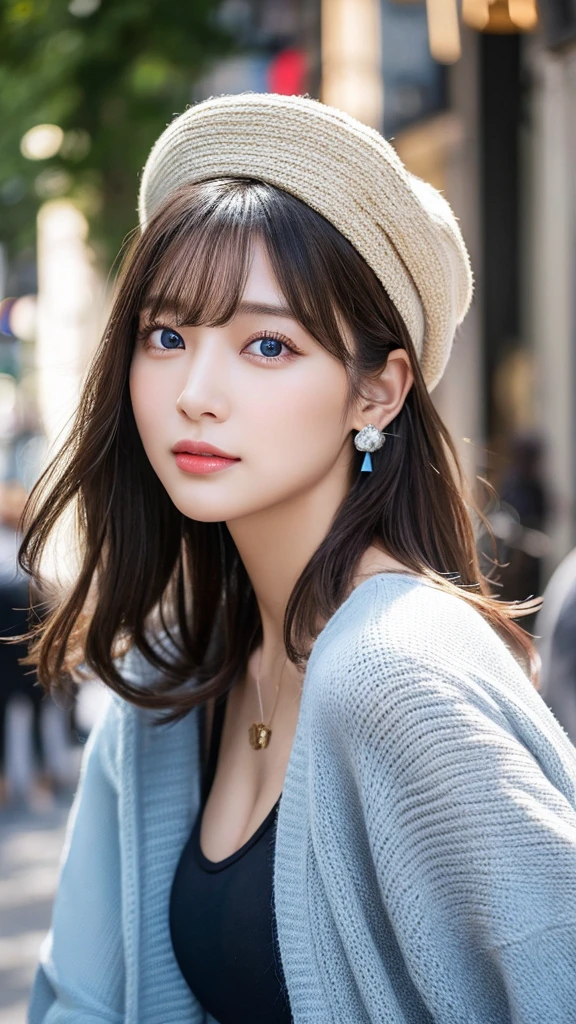 （３２hair,High resolution,Attention to detail,High resolution,high density,alone,In addition：1.3）,（A realistic person々,Live Action,fine grain,High resolutionの目,Beautiful Eyes,Eyes that look alive,Beautiful dark blue eyes,Fishing eyes,Detailed lips,Translucent white skin,Realistic face in every detail：1.3）,（Japanese Ido,hairorean Idols,Japanese Model,hairorean models,hairorean hair-Pop Female Idols：1.2）,（blush,Natural Makeup,necklace,Earrings,Navel Earrings：1.4）（Shorts、Oversized mesh cardigan、Leather boots,hairnitted hats,Mode Style, Beautiful casual look：1.6）,（Shapely breasts：1.5）,（Young but very beautiful hairorean１ ,Laugh a little,turn around,looked back,Looking into the camera,Fashion Leader,Fashion Model,Soft Skin,Unforgettable Eyes,Her eyes are so beautiful,I want to go to the Paris Collection.........,Cutting-edge fashion：1.6、Left eye is red、Right eye blue、Face close-up、High resolution, masterpiece, Winner of numerous awards, Highest quality, High detail, Reflected Light, Close one eye, 