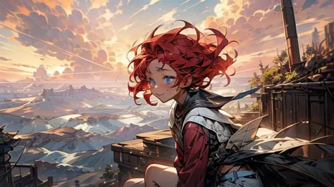 girl１people,grand canyon,mountains visible in the distance,sunset,flowing clouds,a gentle breeze,an airship parked,looking up at...