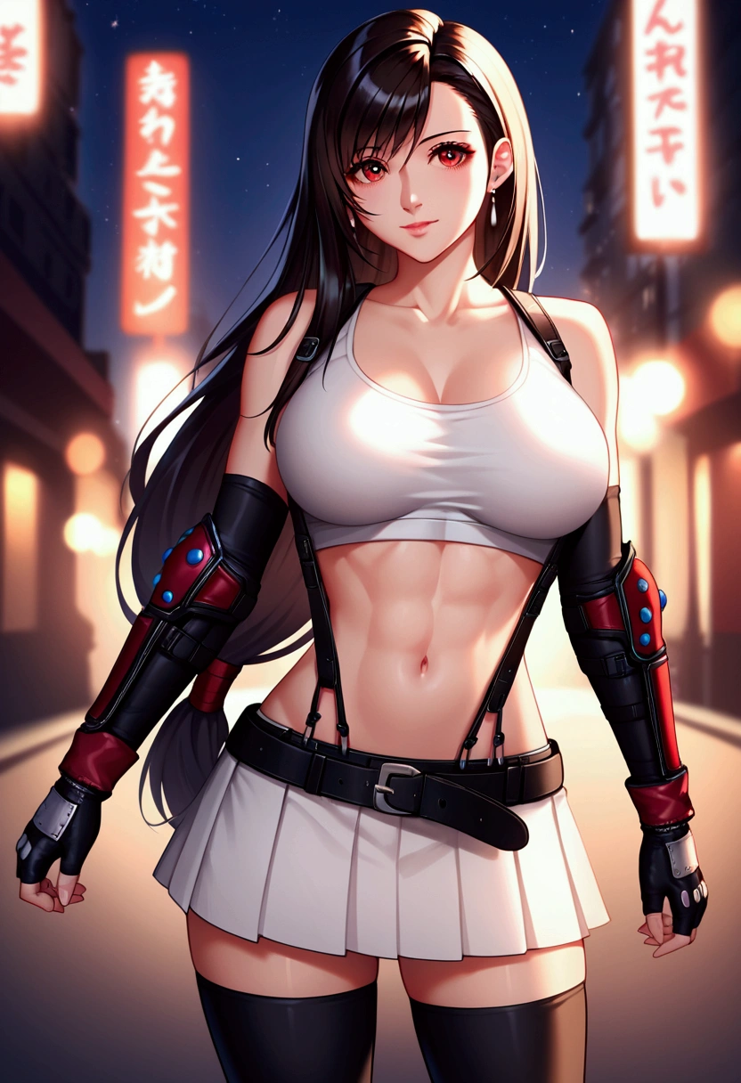 score_9,score_8_up,score_7_up,source_anime, masterpiece, best quality:1.2, recent, perfect anatomy, very aesthetic,(beautiful).straight-on,soro focus,cowboy shot,Solo,1girl, tifa lockhart, final fantasy,black hair, low-tied long hair, red eyes, bangs, white tank top,gap,((High exposure)),belt, pleated skirt, thighhighs, elbow fingerless gloves, elbow pads, midriff, navel,suspenders.skirt,slender waist,(large_breasts),light smile,citystreet,night sky,night, depth of field、beautifully lit,great lighting,