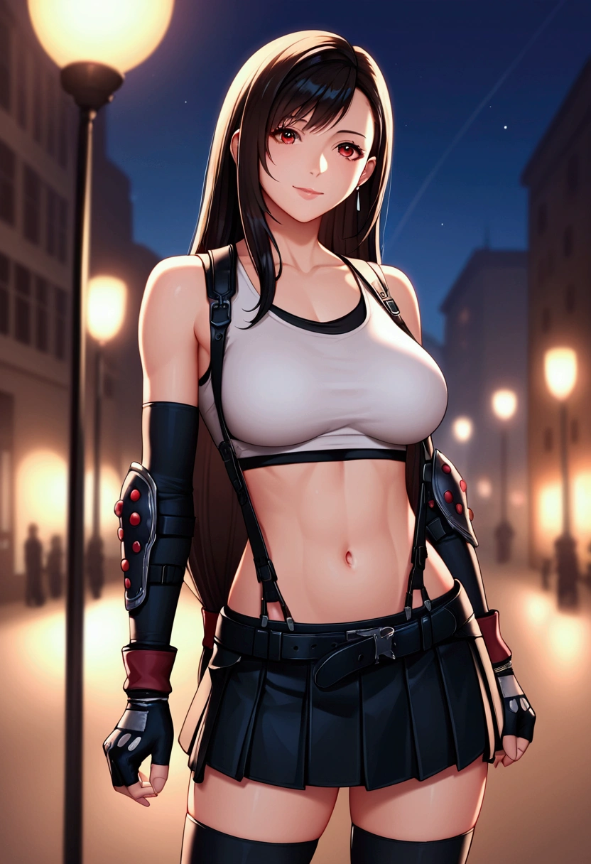 score_9,score_8_up,score_7_up,source_anime, masterpiece, best quality:1.2, recent, perfect anatomy, very aesthetic,(beautiful).straight-on,soro focus,cowboy shot,Solo,1girl, tifa lockhart, final fantasy,black hair, low-tied long hair, red eyes, bangs, white tank top,gap,((High exposure)),belt, pleated skirt, thighhighs, elbow fingerless gloves, elbow pads, midriff, navel,suspenders.skirt,slender waist,(large_breasts),light smile,citystreet,night sky,night, (depth of field)、beautifully lit,great lighting,