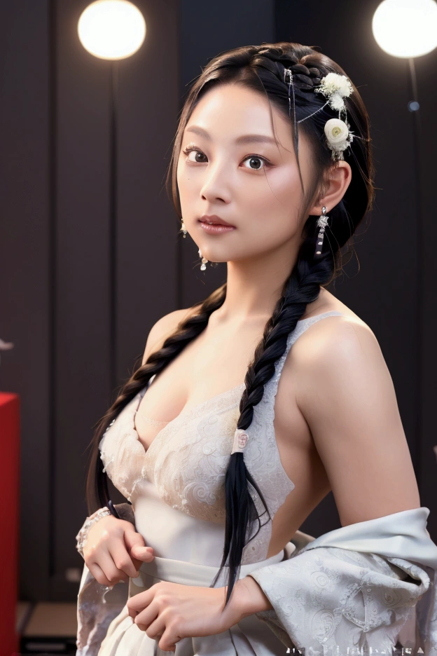 Very detailed, masterpiece, Cinematic Lighting Digital Photography,(mini skirt,Japanese,actress,Braided hairstyle,35 talents,gorgeous white wedding dress,woman,Bob Hair,masterpiece, complicated, Very detailed,black eye detailed eye: 1.2), High resolution,,Large Breasts,Shiny skin,Innocent personality