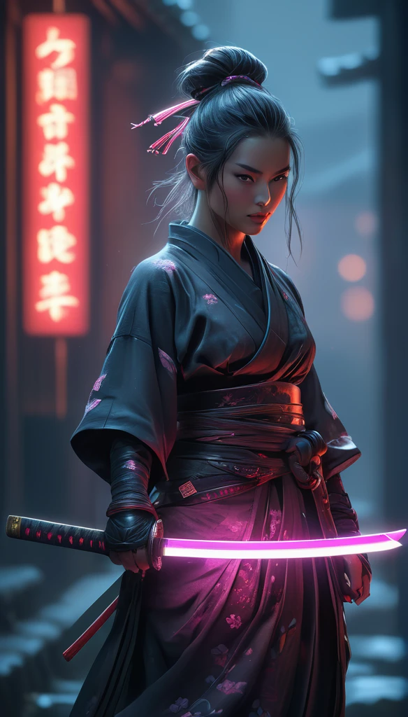 Samurai, 25yo woman, hyperrealism, very detailed skin, 4k,,, AshleyWoodArtAI,, katana profile picture, Organic Painting, night time, Matte Painting, bold shapes, hard edges, street art, trending on artstation, by Huang Guangjian and Gil Elvgren and Sachin Teng, Glow, katana