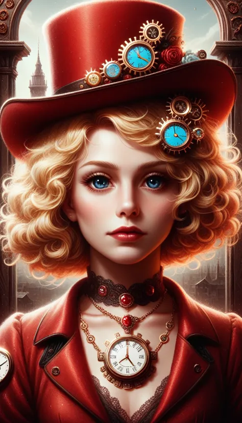 close-up, straight hair blonde short curly child girl the little red hat, clock on necklace, (victorian era), ((steampunk)), cin...