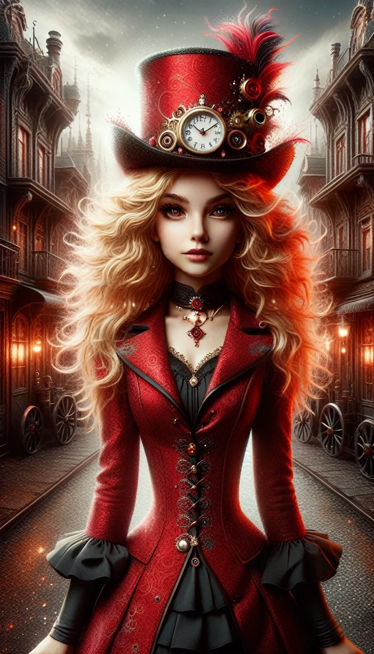 close-up, straight hair blonde short curly child girl the little red hat, clock on necklace, (Victorian era), ((steampunk)), cinematography, worked, elegant, meticulous, magnificent, maximum detail, extremely hyper-aesthetic, intricately detailed, lots of gears, old town background