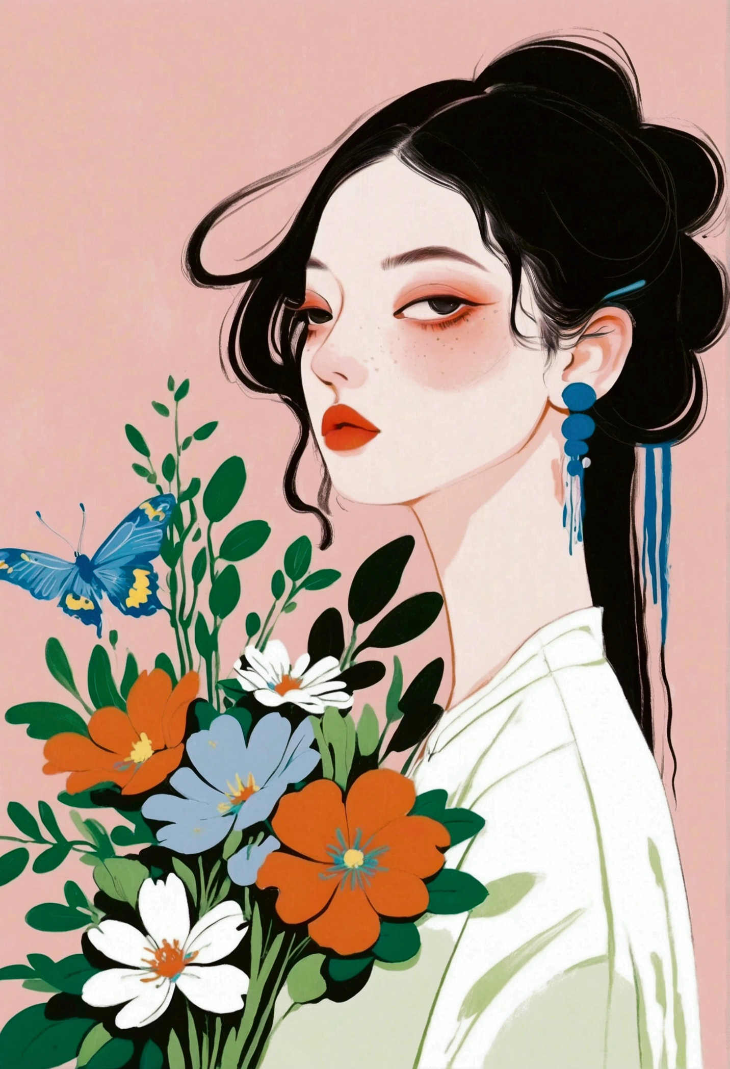 painting of a woman with flowers in her hair and a black choke, lois van rossdraws, by Gao Cen, inspired by James Jean, illustration painting, inspired by Hsiao-Ron Cheng, painterly illustration, serene illustration, watercolor illustration style, trending on artstration, inspired by Martine Johanna, jinyoung shin art, inspired by Yanjun Cheng