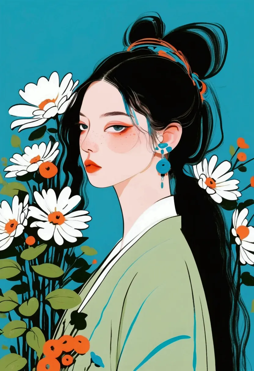 painting of a woman with flowers in her hair and a black choke, lois van rossdraws, by gao cen, inspired by james jean, illustra...