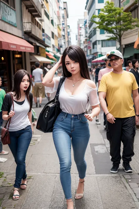 a woman walking with her friend on busy streets of brazil, in anime style realistic 3d