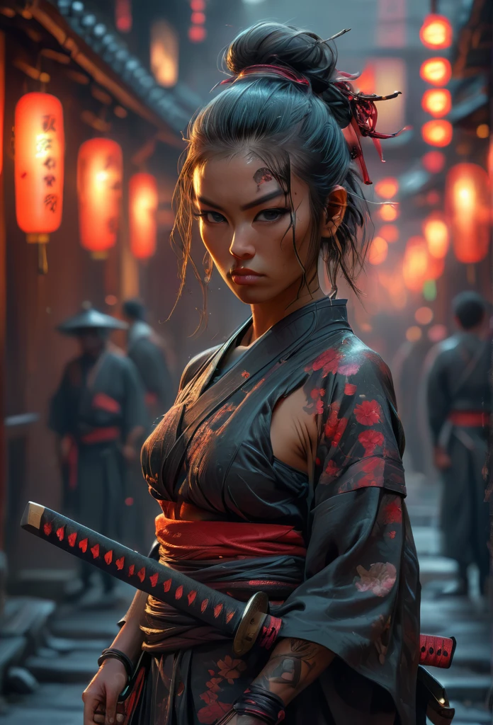 Samurai, 25yo woman, hyperrealism, very detailed skin, 4k,,, AshleyWoodArtAI,, katana profile picture, Organic Painting, night time, Matte Painting, bold shapes, hard edges, street art, trending on artstation, by Huang Guangjian and Gil Elvgren and Sachin Teng, Glow, katana