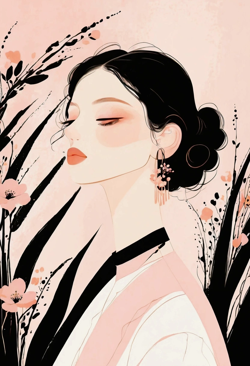 closed eyes, serene facial expression, flowers as hair accessories and background, simplistic hairstyle, black high-neck clothing, artistic and abstract style, matte texture, side-sitting pose, soft natural lighting, calm and tranquil atmosphere, minimalist color palette with pink, black, and peach tones, gentle shadows, delicate lines and shapes, digital illustration.