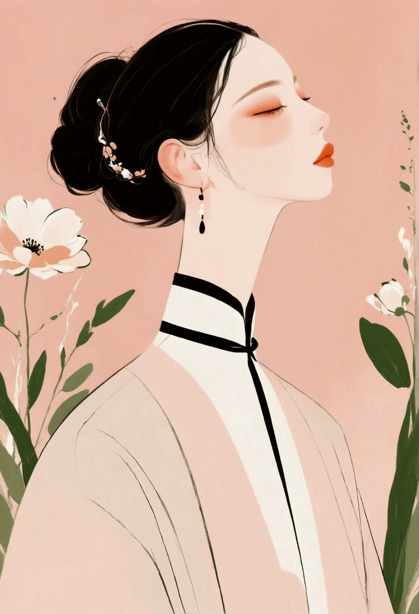 closed eyes, serene facial expression, flowers as hair accessories and background, simplistic hairstyle, black high-neck clothing, artistic and abstract style, matte texture, side-sitting pose, soft natural lighting, calm and tranquil atmosphere, minimalist color palette with pink, black, and peach tones, gentle shadows, delicate lines and shapes, digital illustration.