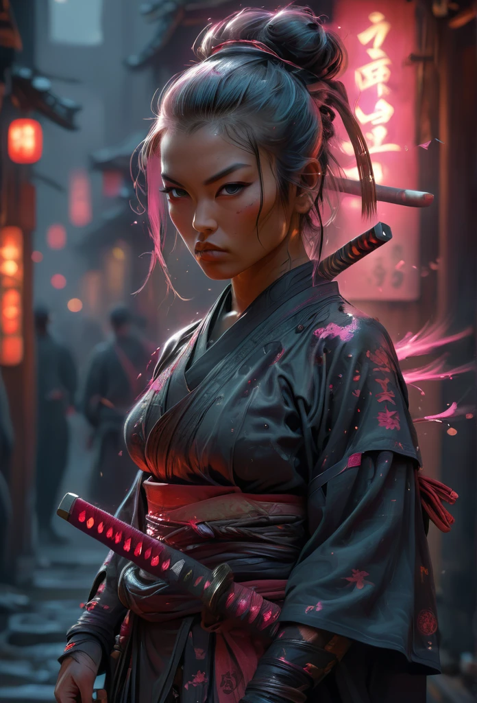 Samurai, 25yo woman, hyperrealism, very detailed skin, 4k,,, AshleyWoodArtAI,, katana profile picture, Organic Painting, night time, Matte Painting, bold shapes, hard edges, street art, trending on artstation, by Huang Guangjian and Gil Elvgren and Sachin Teng, Glow, katana