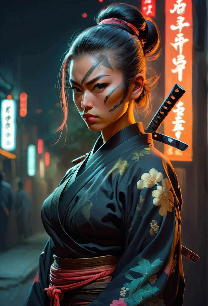 Samurai, 25yo woman, hyperrealism, very detailed skin, 4k,,, AshleyWoodArtAI,, katana profile picture, Organic Painting, night time, Matte Painting, bold shapes, hard edges, street art, trending on artstation, by Huang Guangjian and Gil Elvgren and Sachin Teng, Glow, katana