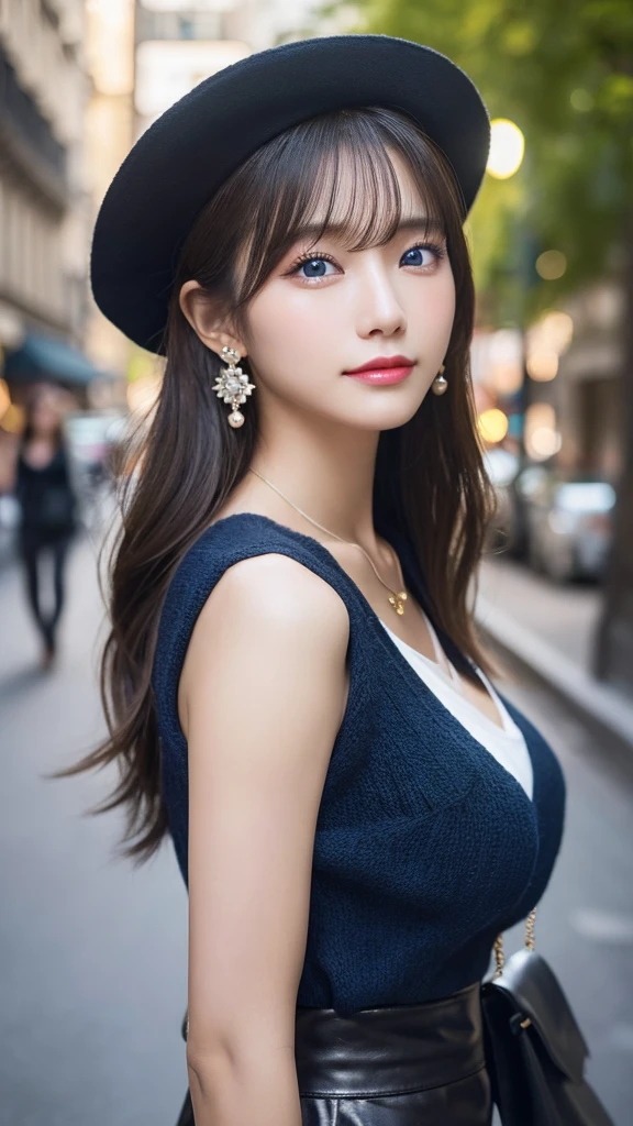 （３２hair,High resolution,Attention to detail,High resolution,high density,alone,In addition：1.3）,（A realistic person々,Live Action,fine grain,High resolutionの目,Beautiful Eyes,Eyes that look alive,Beautiful dark blue eyes,Fishing eyes,Detailed lips,Translucent white skin,Realistic face in every detail：1.3）,（Japanese Ido,hairorean Idols,Japanese Model,hairorean models,hairorean hair-Pop Female Idols：1.2）,（blush,Natural Makeup,necklace,Earrings,Navel Earrings：1.4）（Shorts、Oversized mesh cardigan、Leather boots,hairnitted hats,Mode Style, Beautiful casual look：1.6）,（Shapely breasts：1.5）,（Young but very beautiful hairorean１ ,Laugh a little,turn around,looked back,Looking into the camera,Fashion Leader,Fashion Model,Soft Skin,Unforgettable Eyes,Her eyes are so beautiful,I want to go to the Paris Collection.........,Cutting-edge fashion：1.6、Left eye is red、Right eye blue、Face close-up、High resolution, masterpiece, Winner of numerous awards, Highest quality, High detail, Reflected Light, Close one eye, 