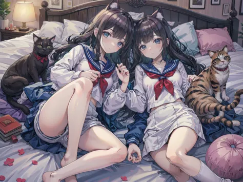 me in a sailor suit、lying face up on the bed、so many cats getting in the way on the bed、